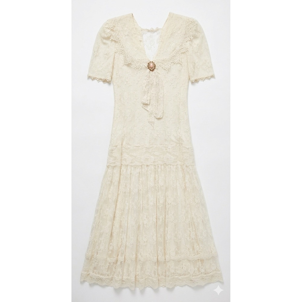 Scott McClintock Vtg 1980s Cream Lace Midi Dress Victorian Romantic Sz 8 Wedding
